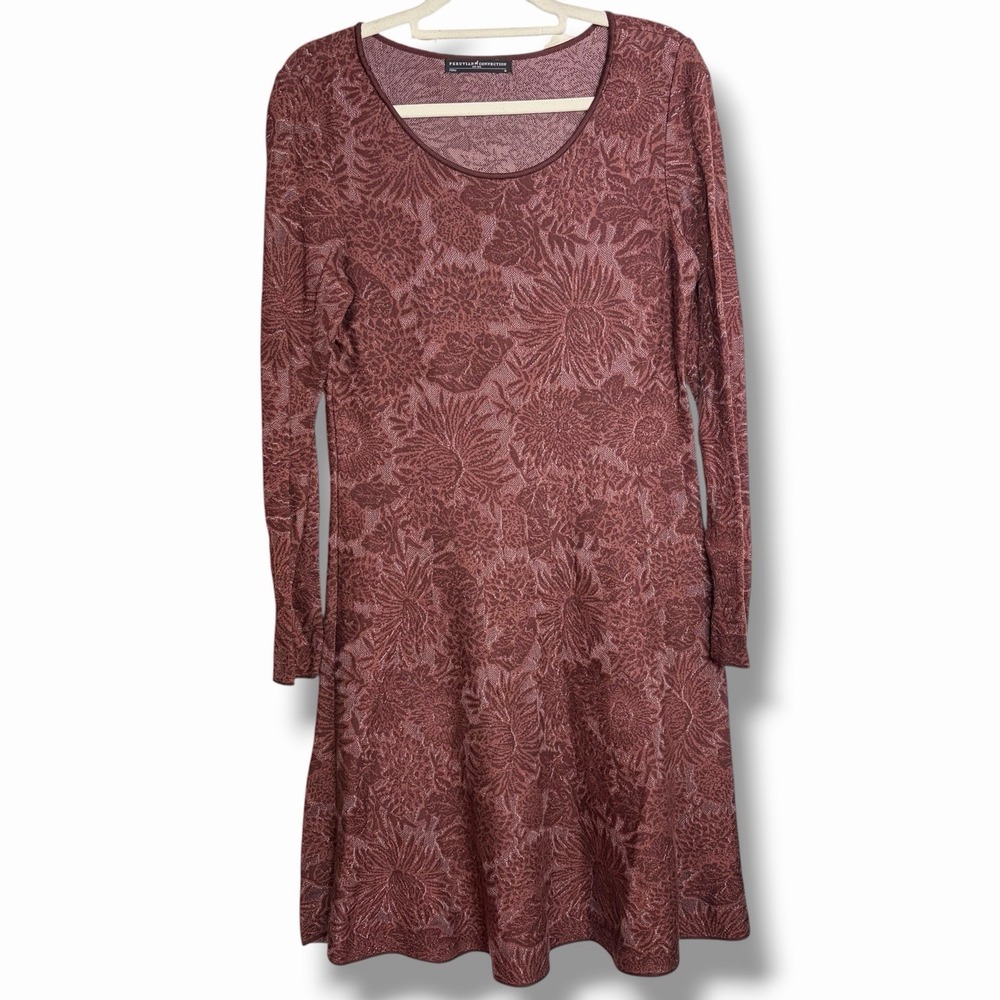 Peruvian Connection Dress Womens Burgundy Floral Pima Jersey Midi Long Sleeve M